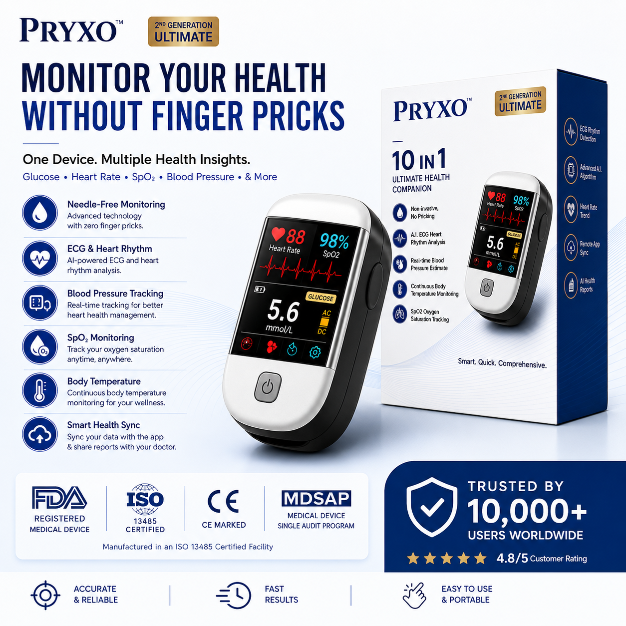 2026 Pryxo™ second generation 10-in-1 smart blood medical instrument / 10 health reports - No-Prick